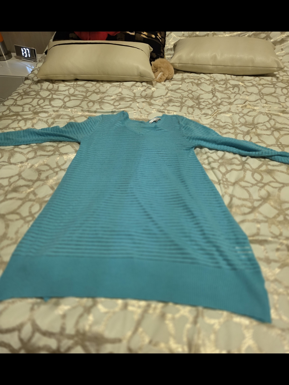 Lightweight Ribbed Knit Sweater Dress - Teal Blue